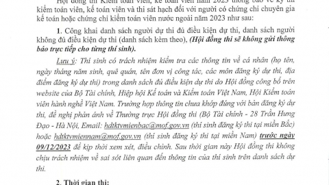 Thông báo LỊCH THI và DANH SÁCH THÍ SINH dự thi Kỳ thi Kiểm toán viên, Kế toán viên năm 2023