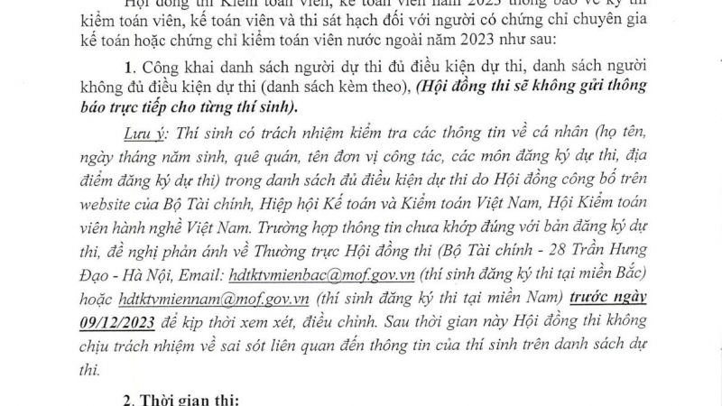 Thông báo LỊCH THI và DANH SÁCH THÍ SINH dự thi Kỳ thi Kiểm toán viên, Kế toán viên năm 2023
