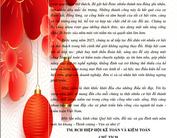 THƯ CHÚC MỪNG NĂM MỚI CỦA CHỦ TỊCH HIỆP HỘI KẾ TOÁN VÀ KIỂM TOÁN VIỆT NAM